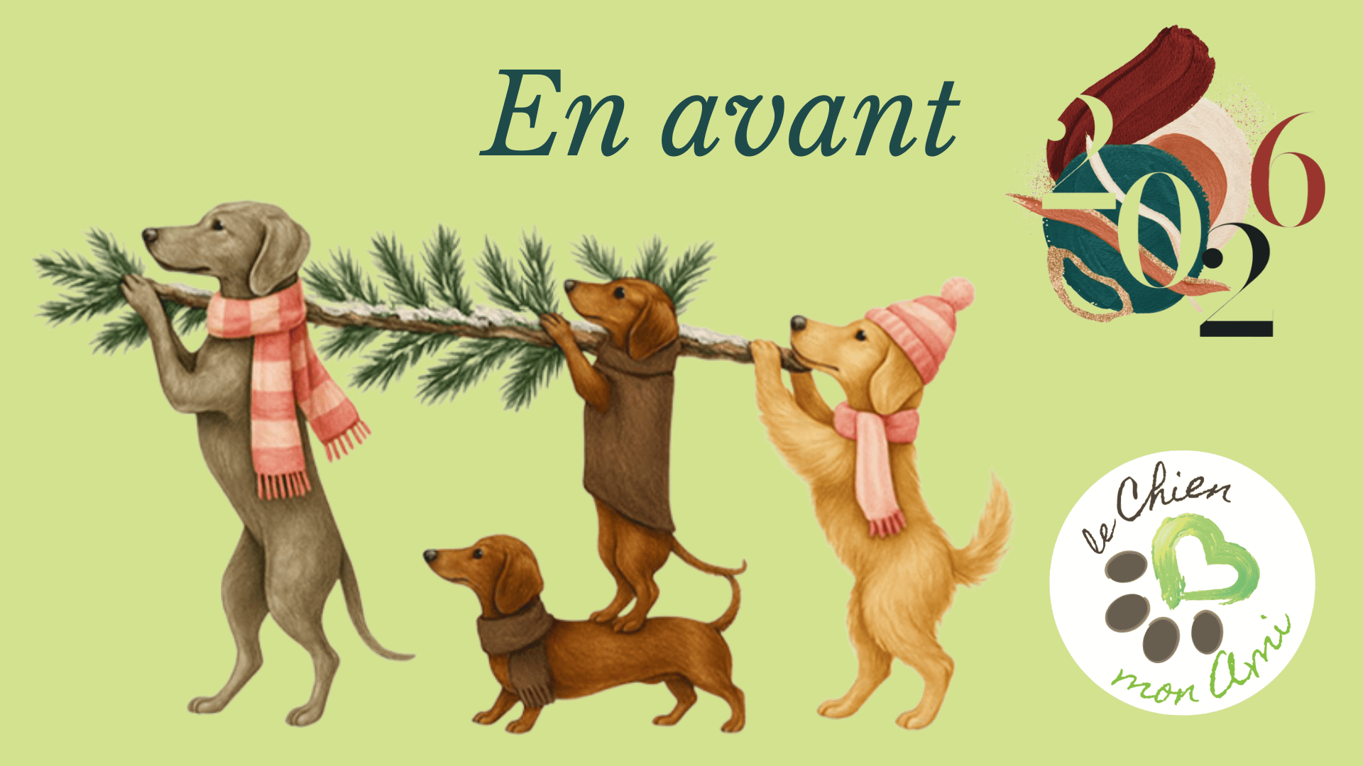 Dessin de trois chiens portant un sapin pour souhaiter une bonne année 2026