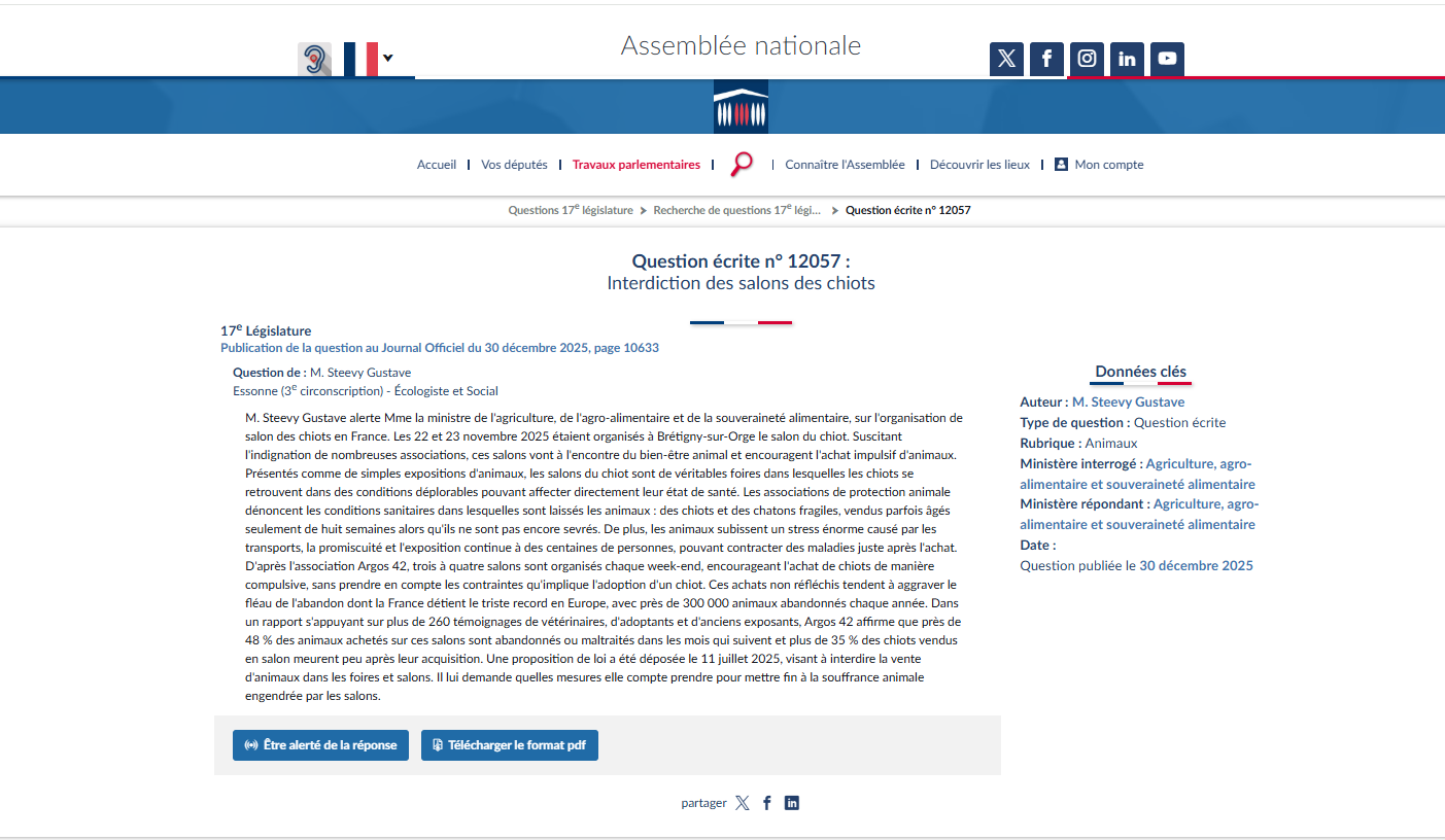 Question posée à l'Assemblée Nationale pour l'interdiction des salons du chiot.