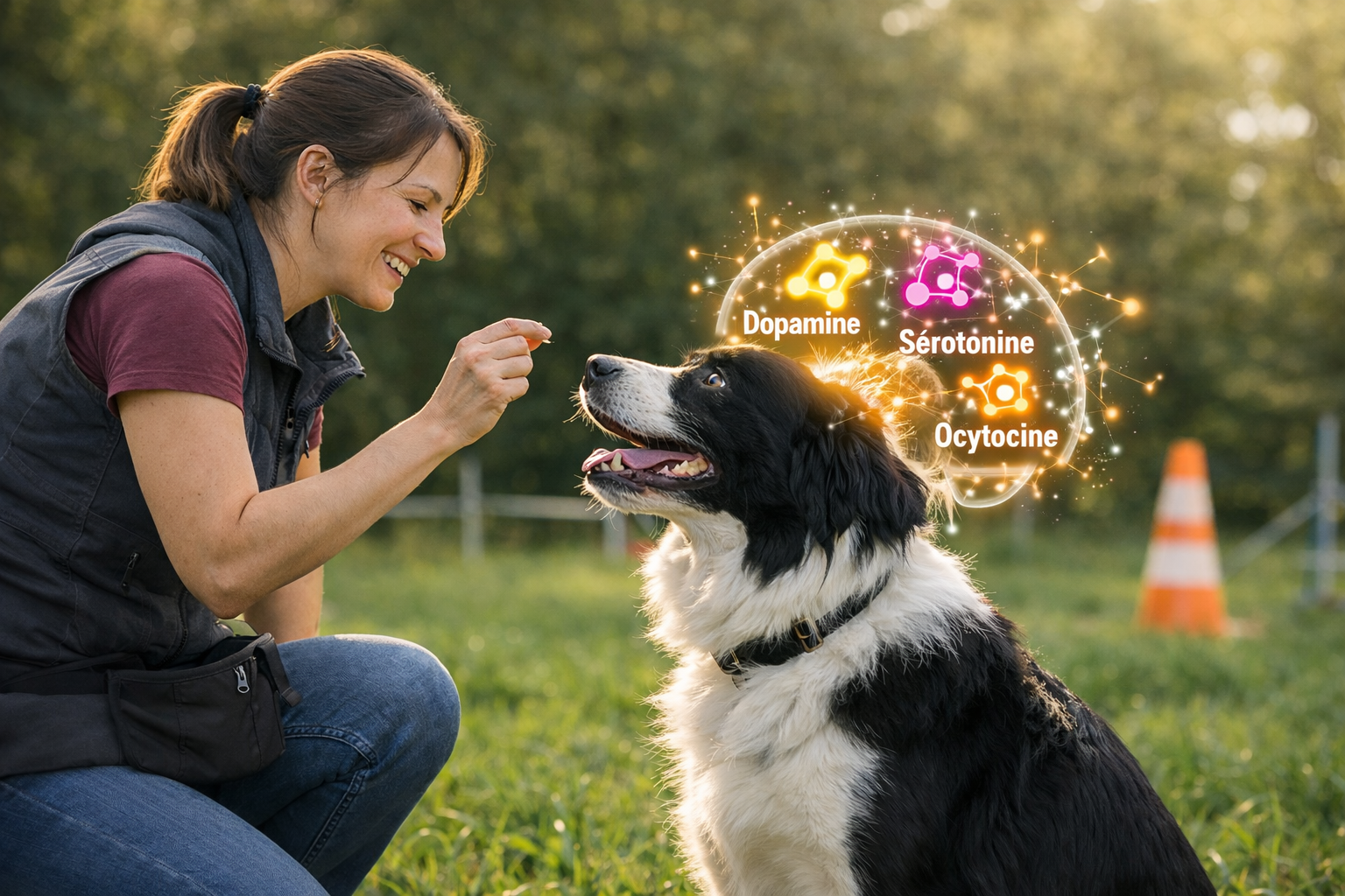 Une jeune femme en compagnie de son Border Collie, face à face, en plein apprentissage en renforcement positif, grâce aux neurotransmetteurs.