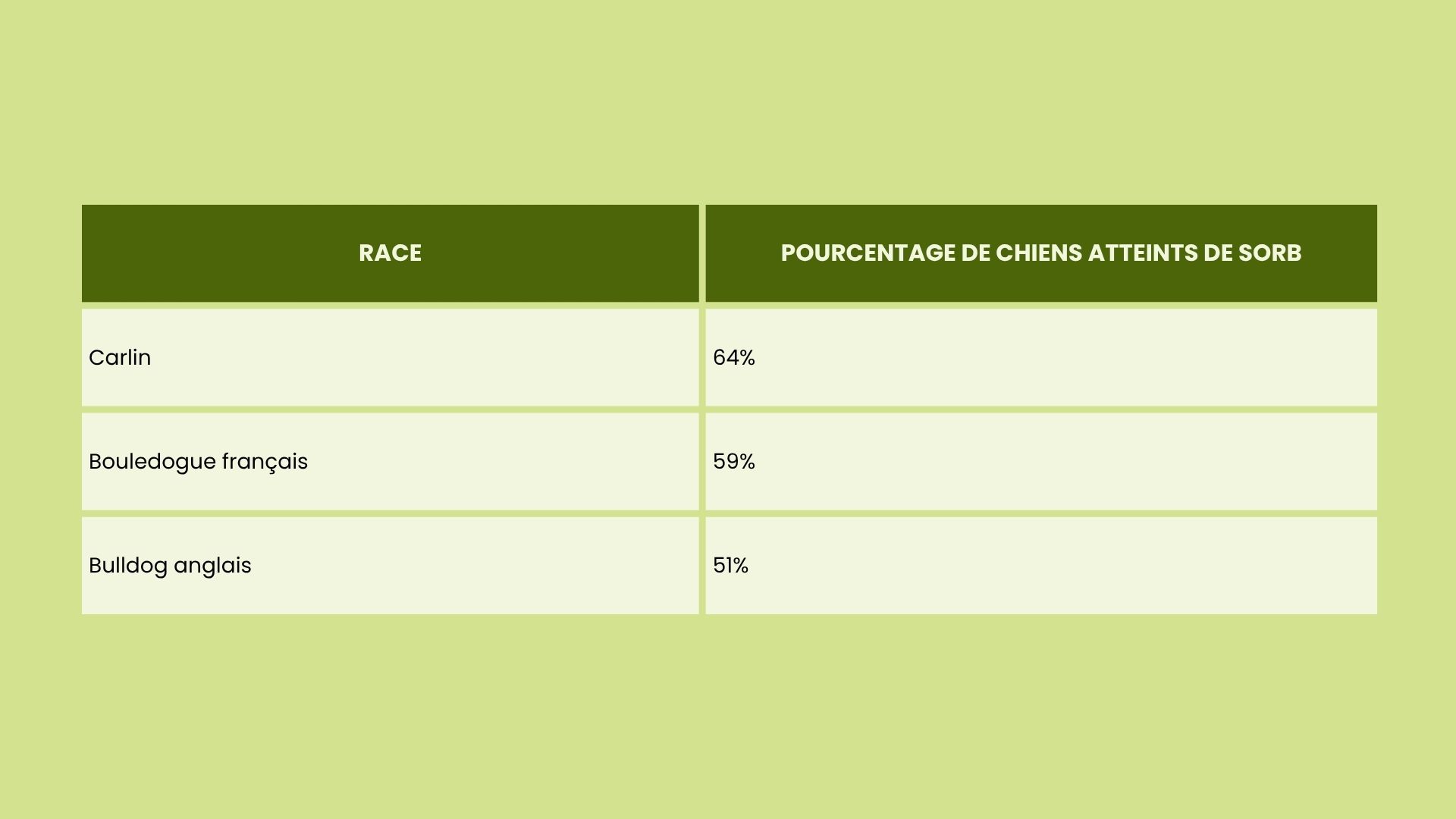 Tableau de prévalence de la SORB dans trois races brachycéphales